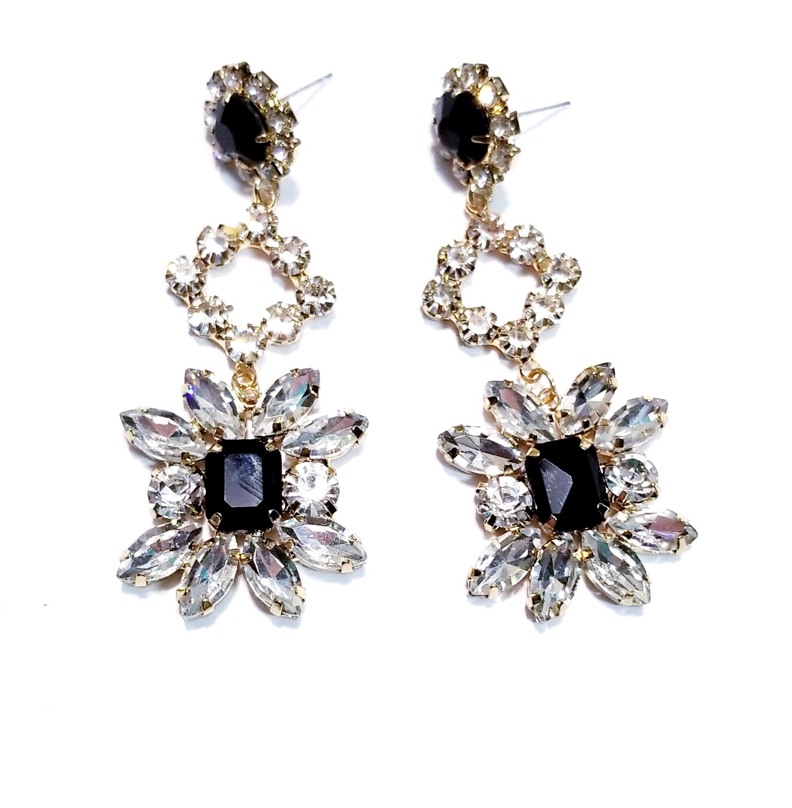 Bridesmaid Drop Dangle Chandelier Earrings 2.8 in Black Rhinestone Pageant Prom