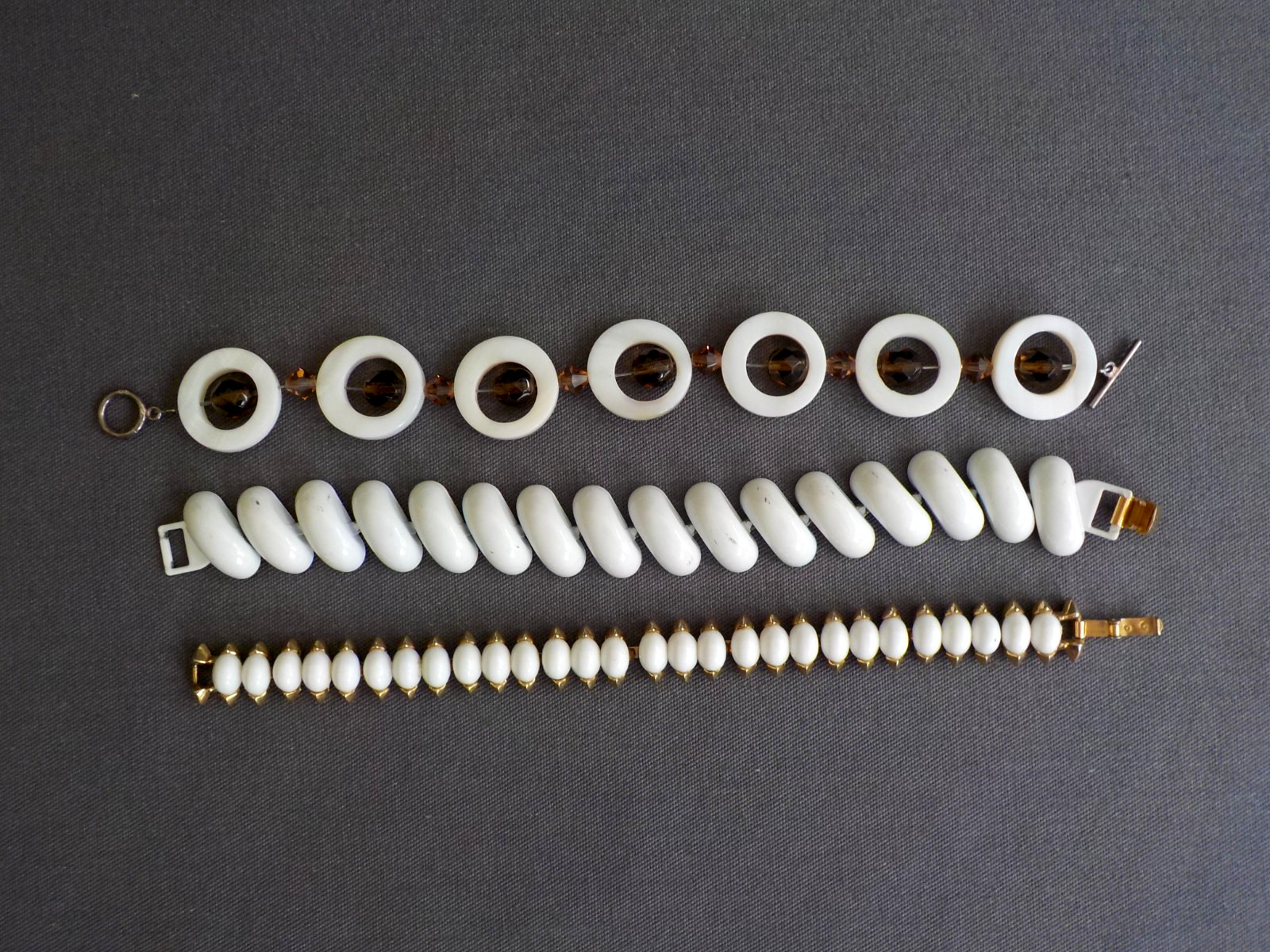White Bracelet Mix Lot 3 Enamel Plastic Mother of Pearl Glass Bead Metal