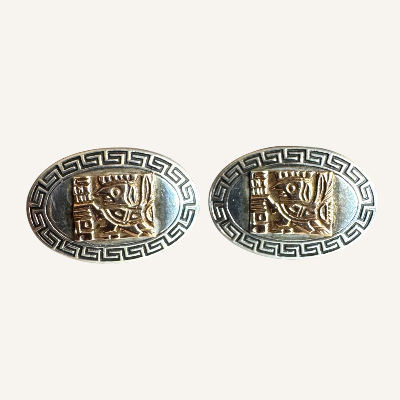 Vintage 18K Gold Sterling Silver 925 Aztec Greek Key Cufflinks 10.84g