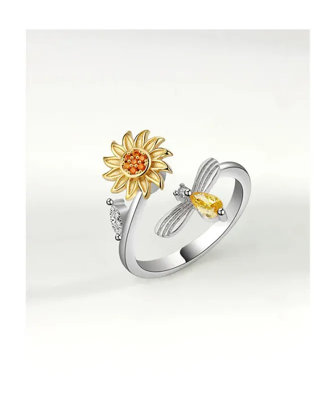 Sterling Silver Sunflower Diamond Zircon Rotatable Ring For Women