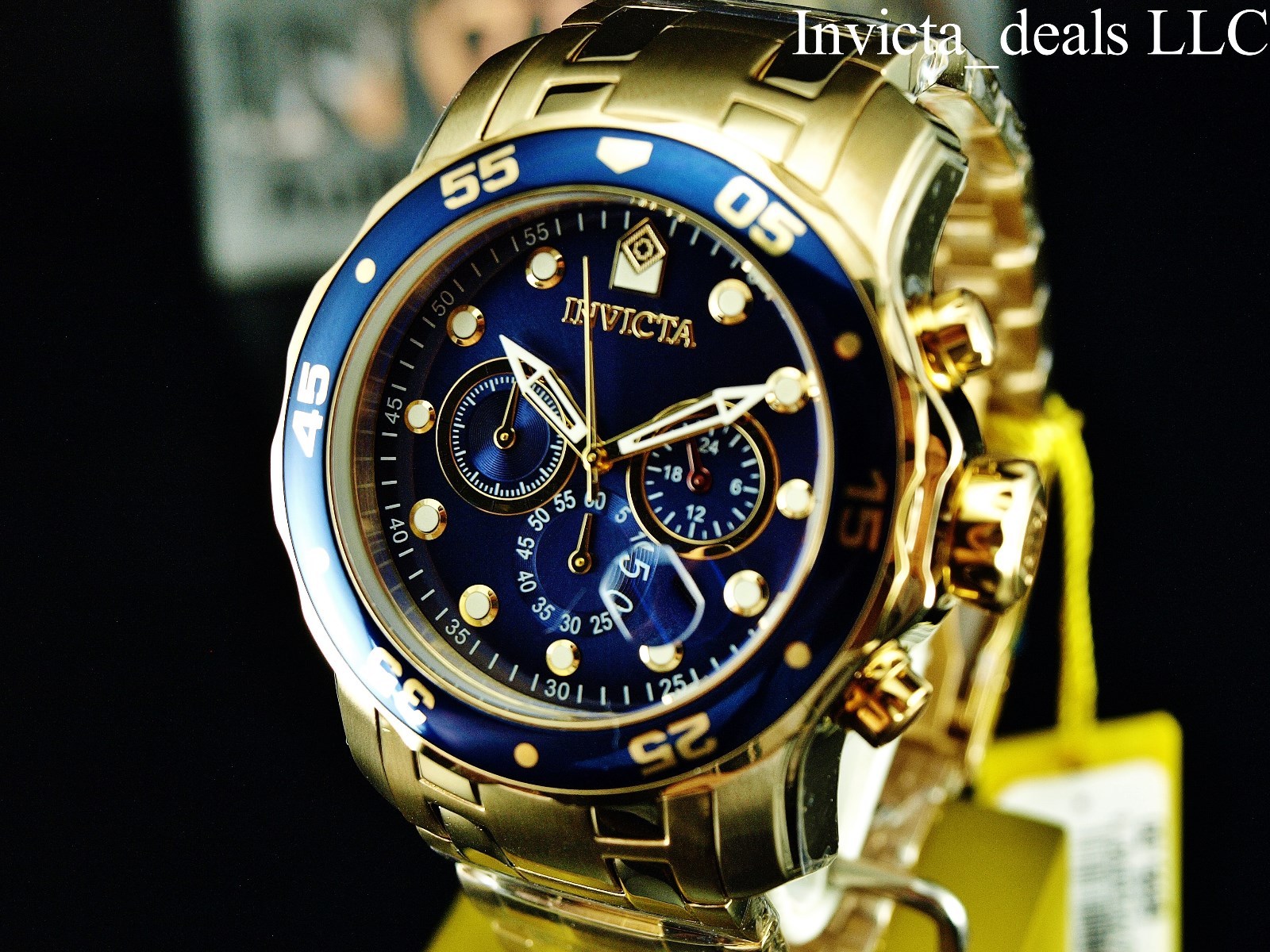 Invicta Men’s 48mm Pro Diver SCUBA Chronograph Blue Dial 18KT Gold Plated Watch