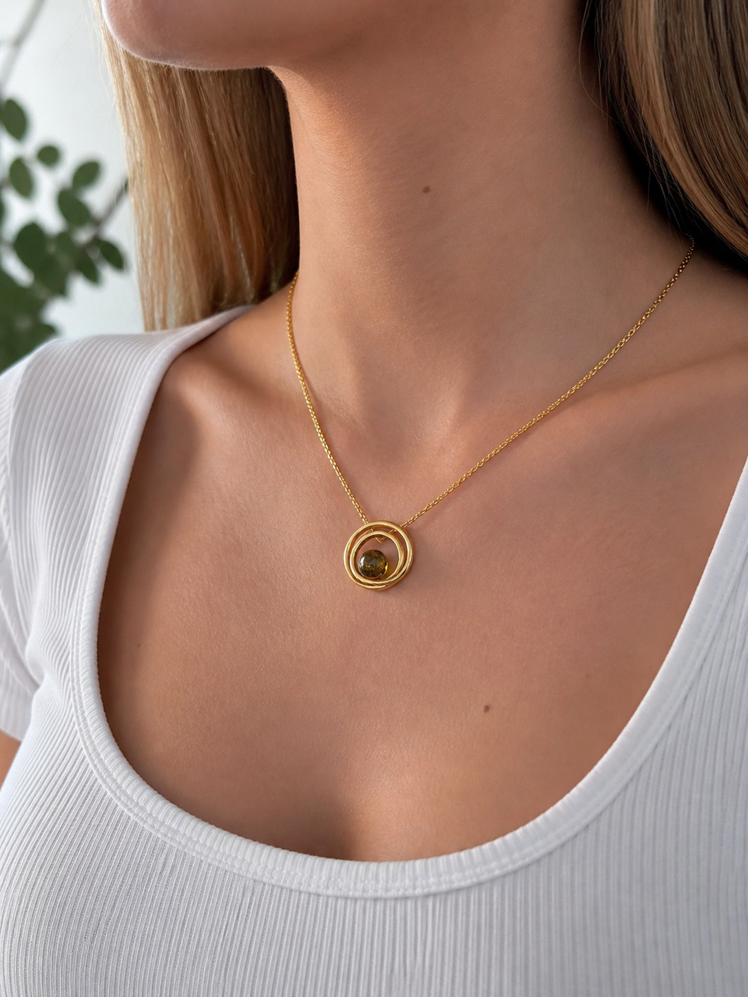925 Silver Gold Plated PENDANT Round Shape Amber Green & Gold Double Necklace 42mm