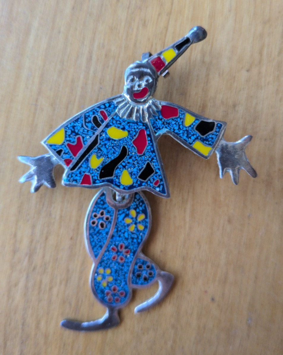 Sterling Silver 925 Mexico Enamel Clown Brooch Pin Pendant 67x48mm
