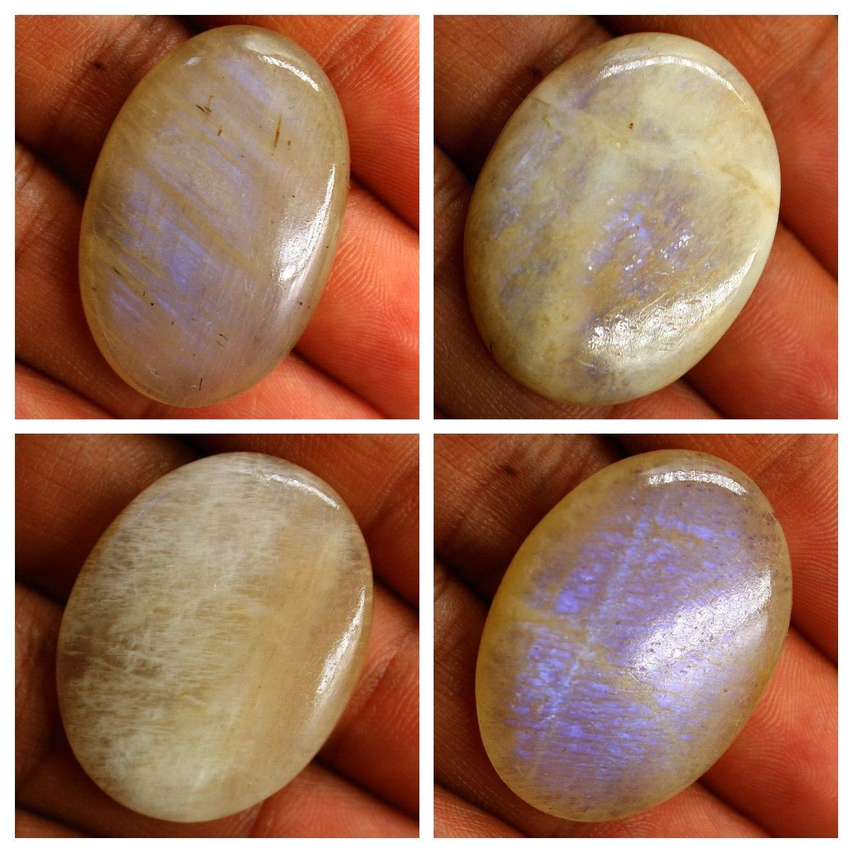 4 Pcs Natural Blue Shine Rainbow Moonstone 33mm-35mm Oval Cabochon Gemstones Lot