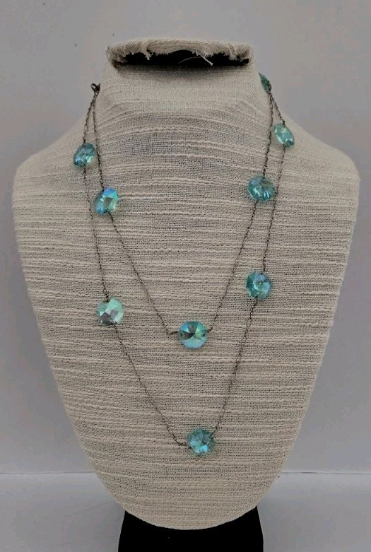 Vintage 925 Starling Silver Blue Crystal 41″ Long Station Necklace