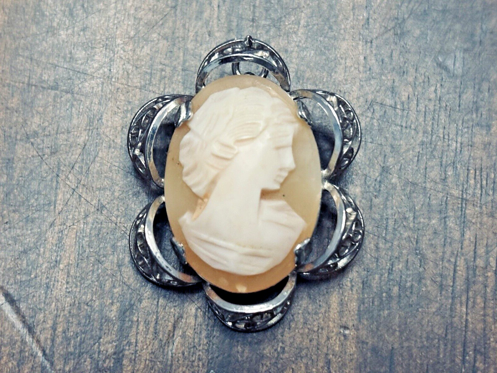 Sterling Silver Eniko Brooch Pendant with Cameo and Filigree Design 1 x 1 3/8 In