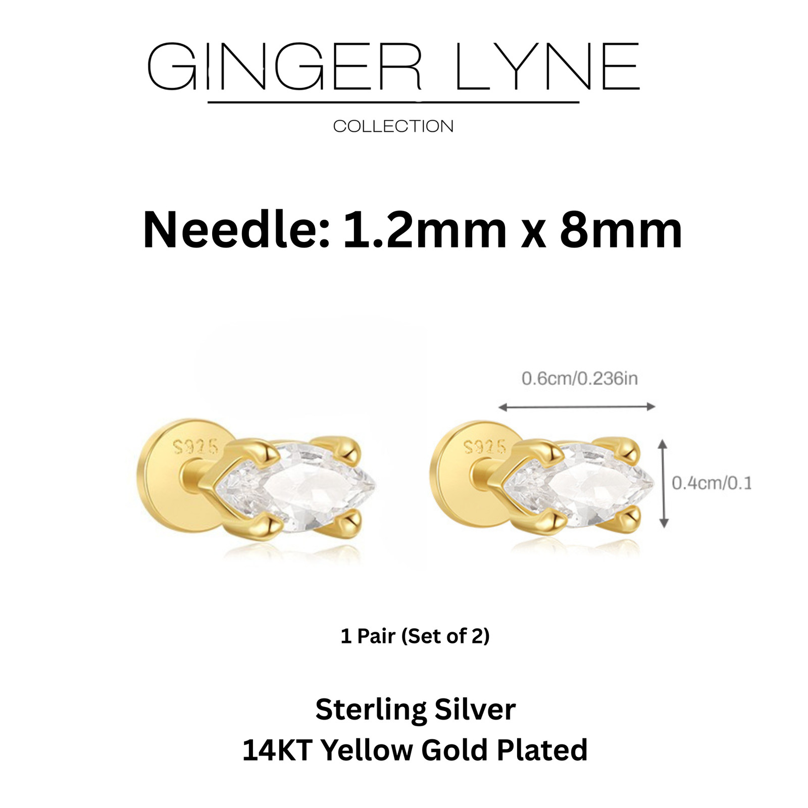 Marquise CZ Flat Back Earrings for Cartilage Helix Tragus Lobe 14Kt Gold Plat…