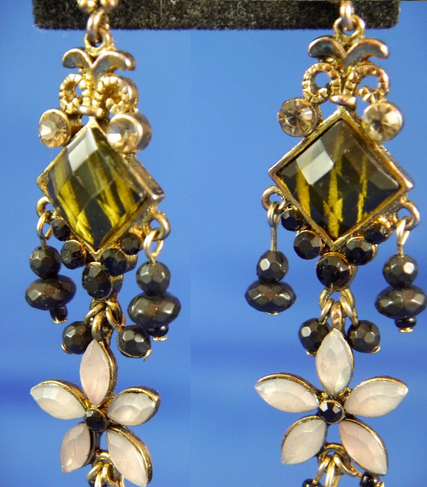 Victorian Boho Mix Faceted Glass, Plastic Metal Dangle Post Earrings 3.25″ Drop