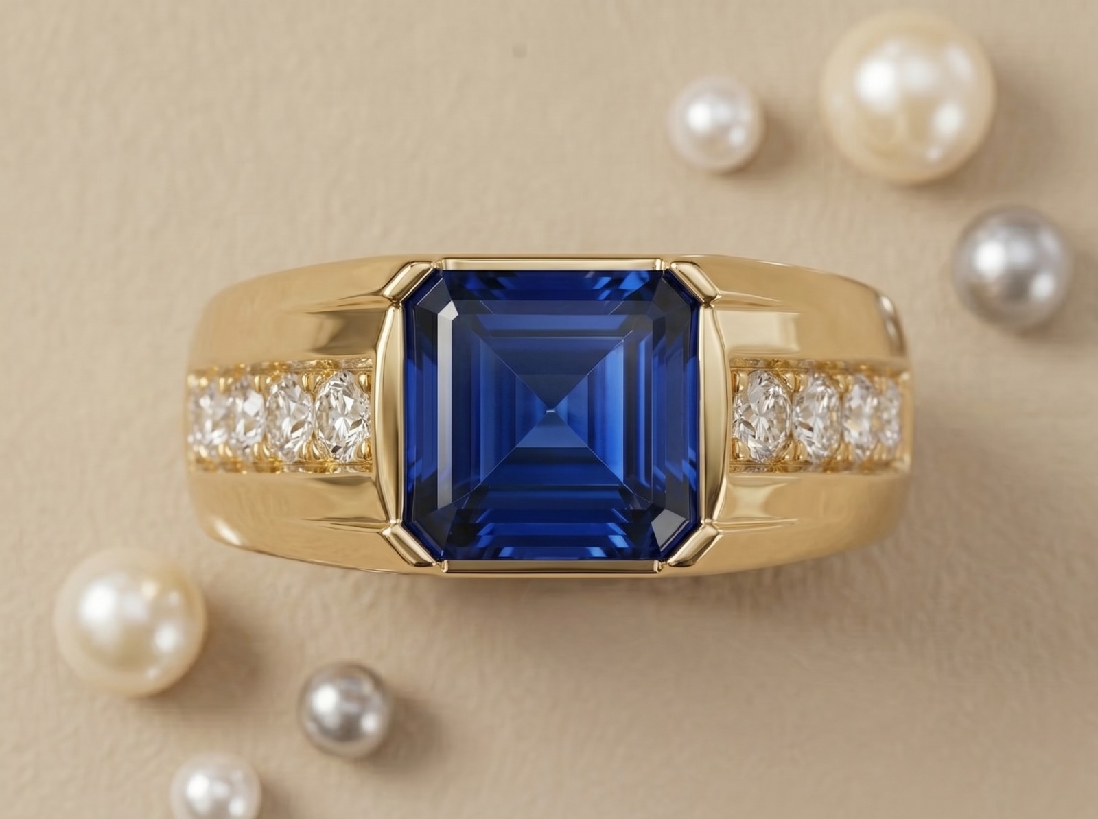 14K Gold Vermeil Lab Blue Sapphire Men’s Ring, 925 Sterling Silver, gift for him