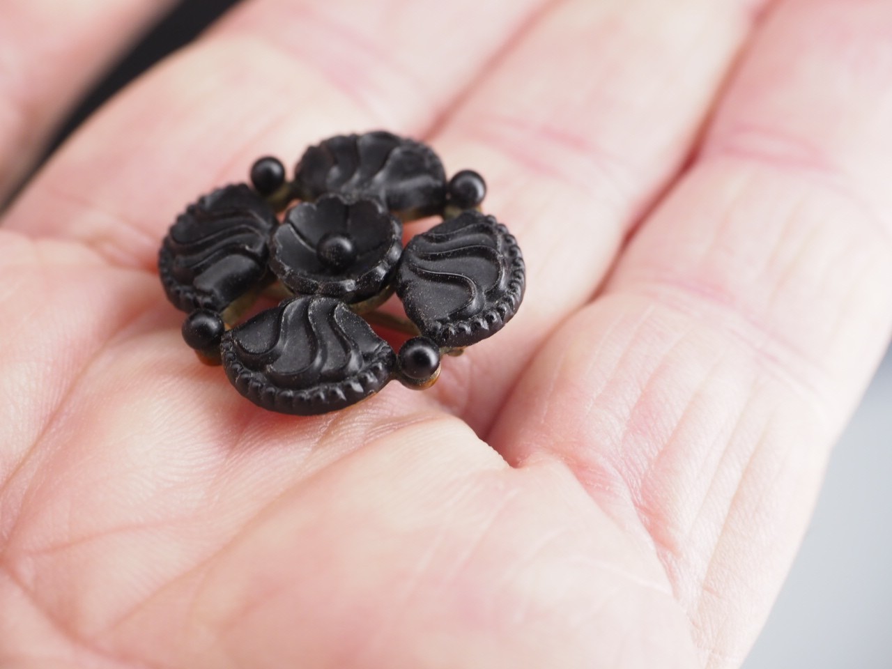 Antique jet Black Carved, Textured Glass Mourning Brooch Victorian Flower Pin