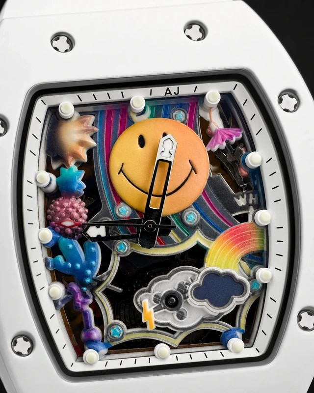 #546 AJ 42mm Automatic Skeleton Watch – White with Colorful Smiley Dial