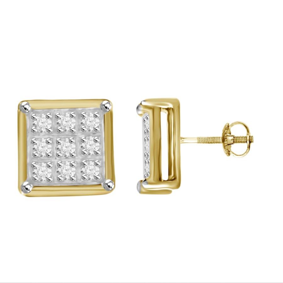 Men Yuva Earrings 0.05ct Round Natural Diamond 10k Yellow Gold Square Clusters