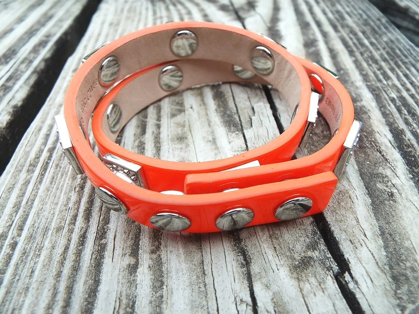 New Rustic Cuff Bracelet Neon Orange Leather Double Wrap Meagen Silver RC Logo