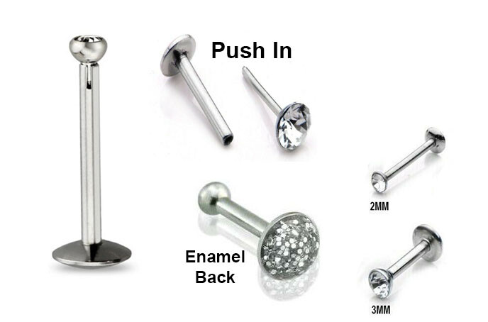3 pcs 16G 1/4″ 2mm 3mm CZ PUSH in PIN TRAGUS STEEL LABRET EARRINGS Flatback STUD