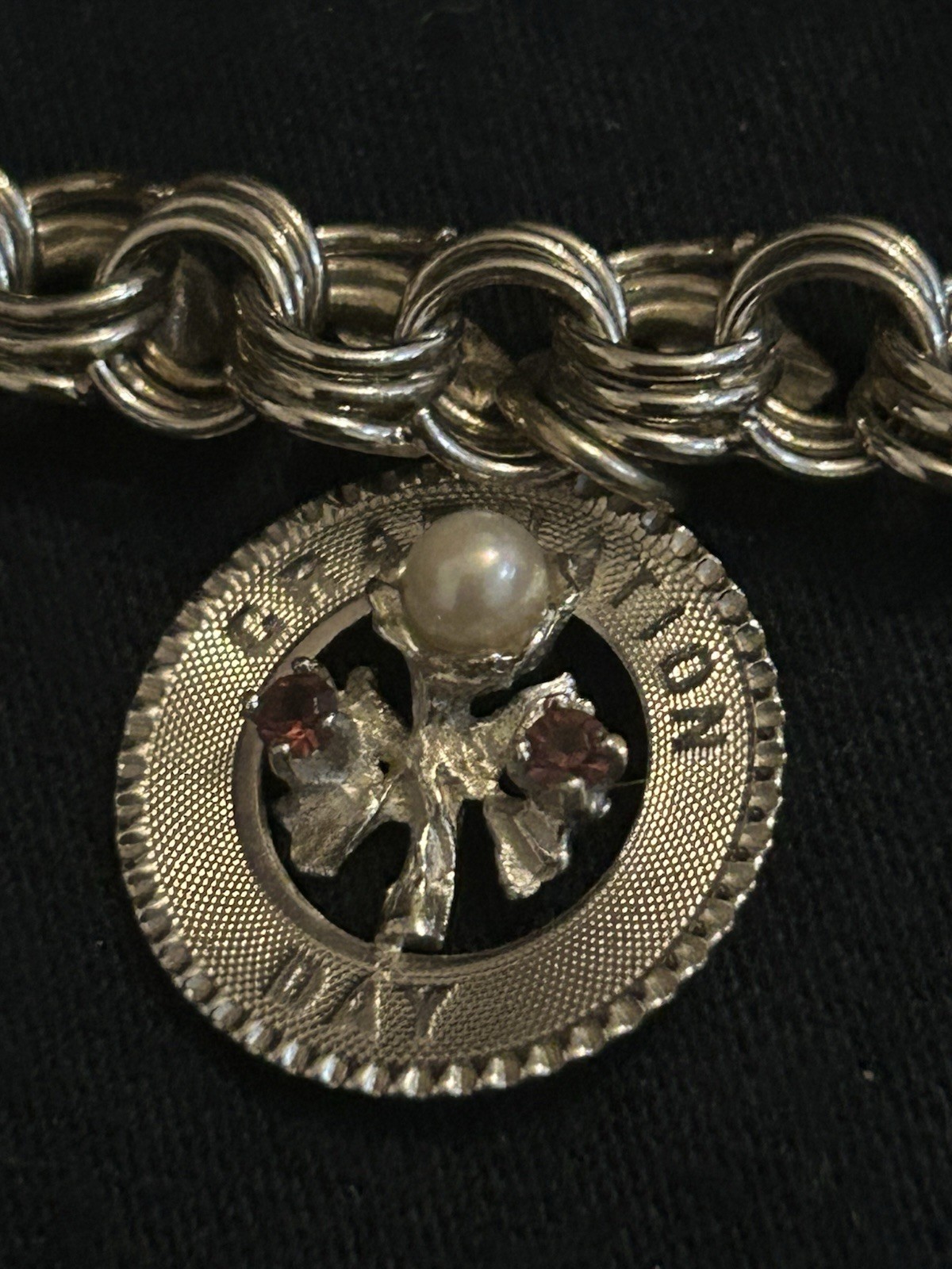 Vintage Sterling Silver Curb Link Charm Bracelet w/ Dangle Charms, Pearl 7.5in