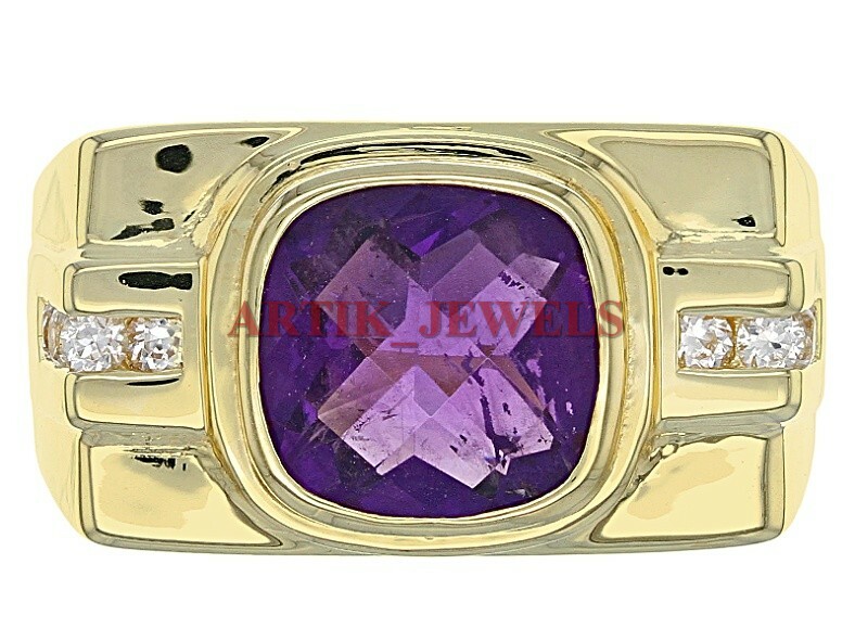 Natural Amethyst Gemstone with Gold Plated 925 Sterling Silver Men’s Ring #2886