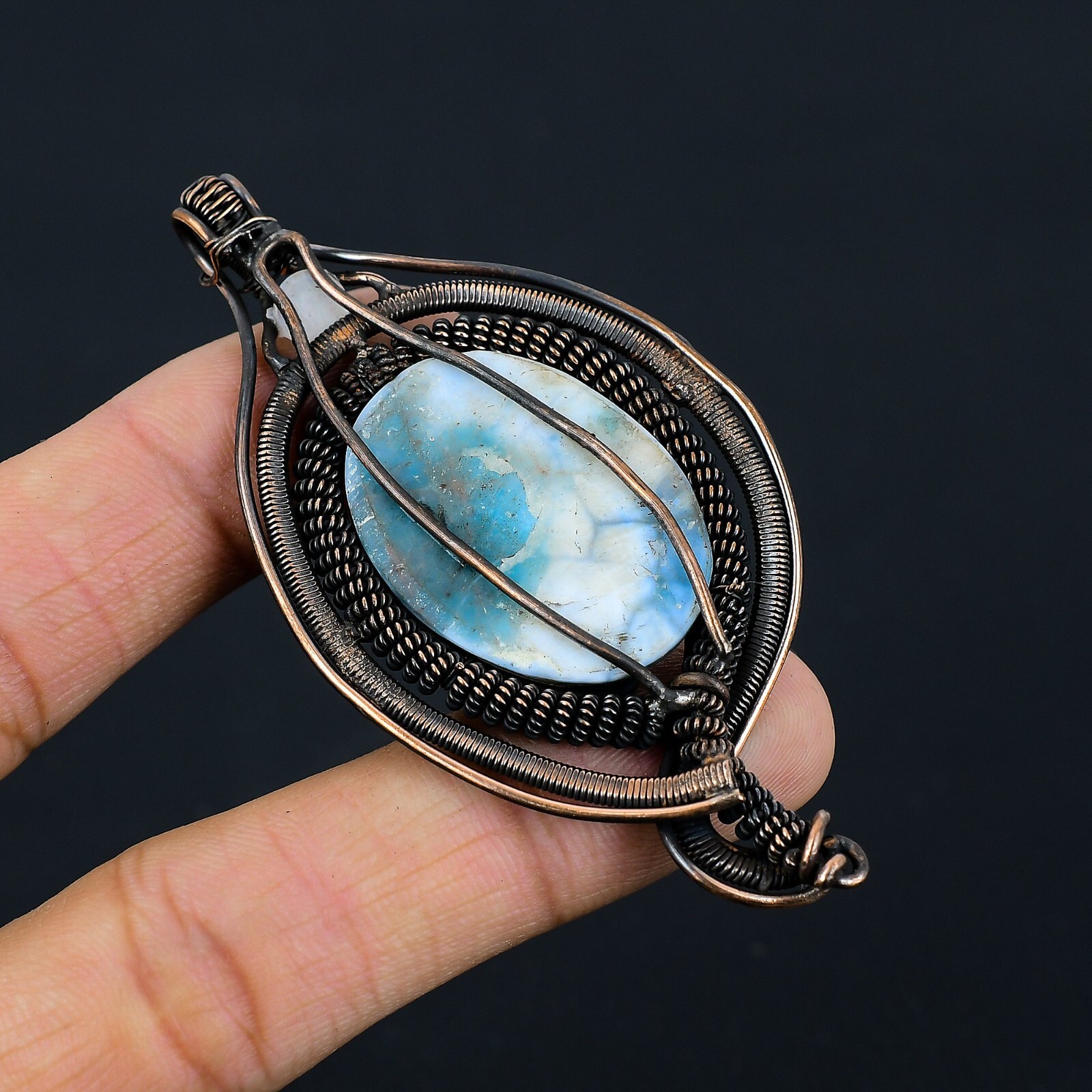 Neon Blue Apatite Handmade Gemstone Copper Wire Wrapped Jewelry Pendant