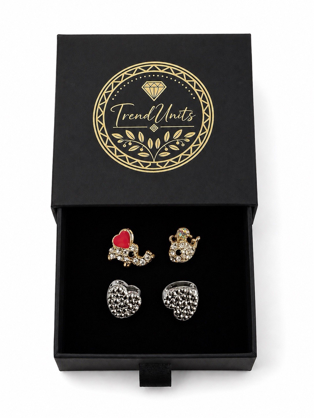 Lot 2 Pairs Heart & Elephant Rhinestone Stud Earrings Gift Box Included