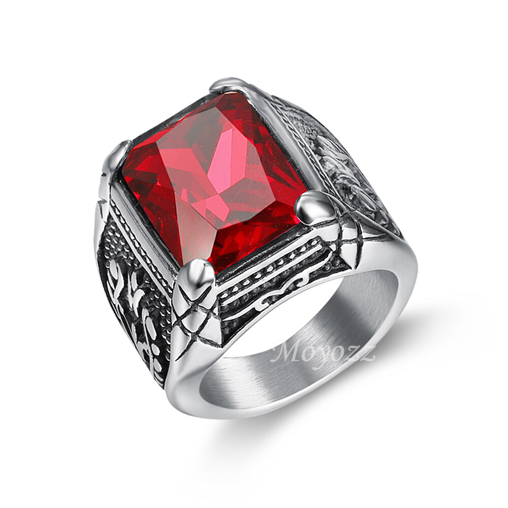 Mens Blue Red CZ Aquamarine Square Stone Ring Stainless Steel Size 7 8 9-15 Gift