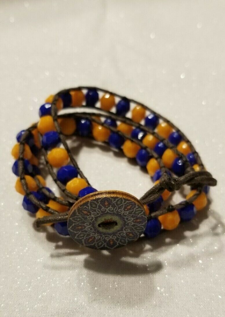 Blue/Orange Gator/Bronco/Auburn Themed Rondelle 3 Wrap Bracelet on Brown Leather