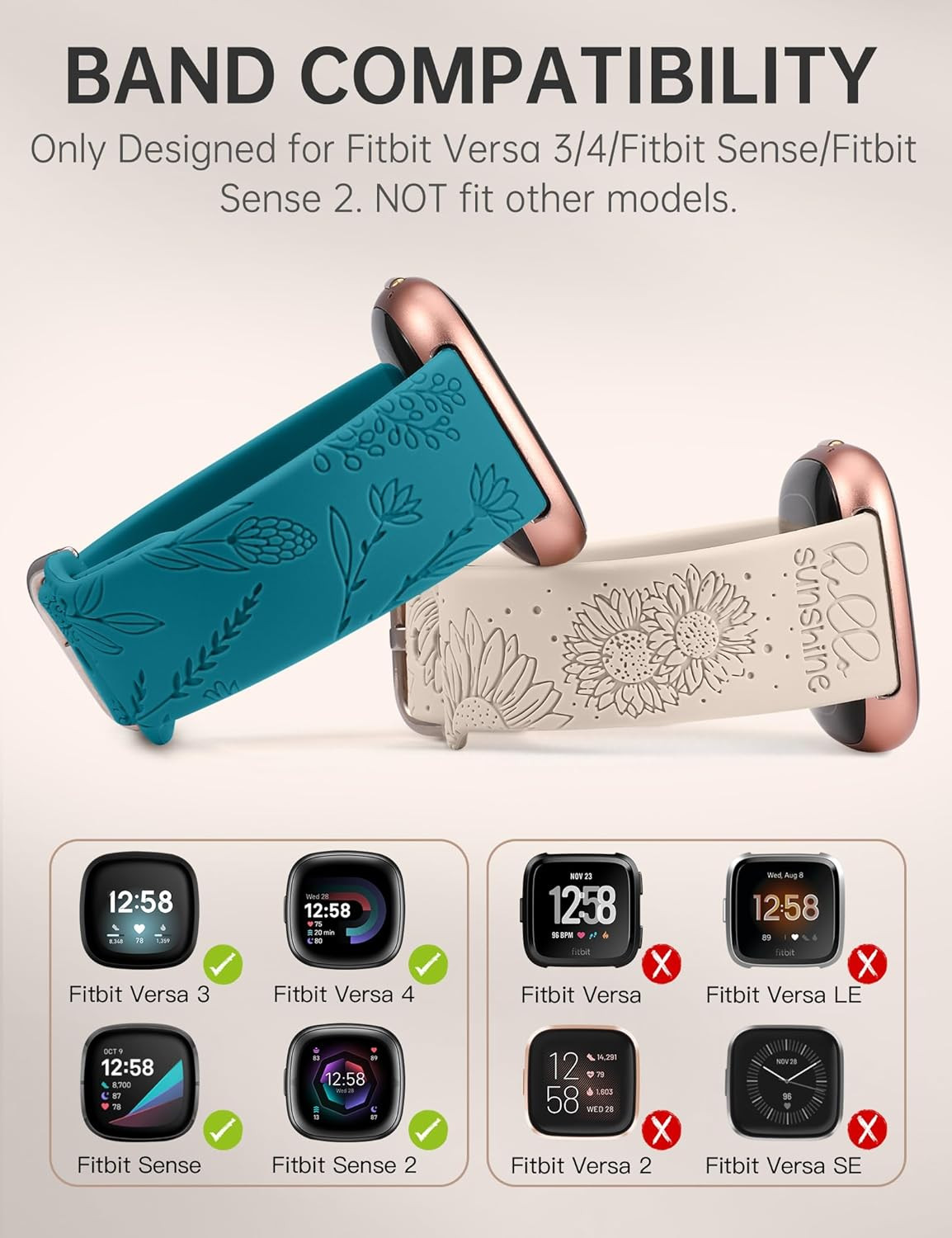 2 Packs Floral Engraved Band Compatible with Fitbit Versa 4/Versa 3/Sense 2/Sens