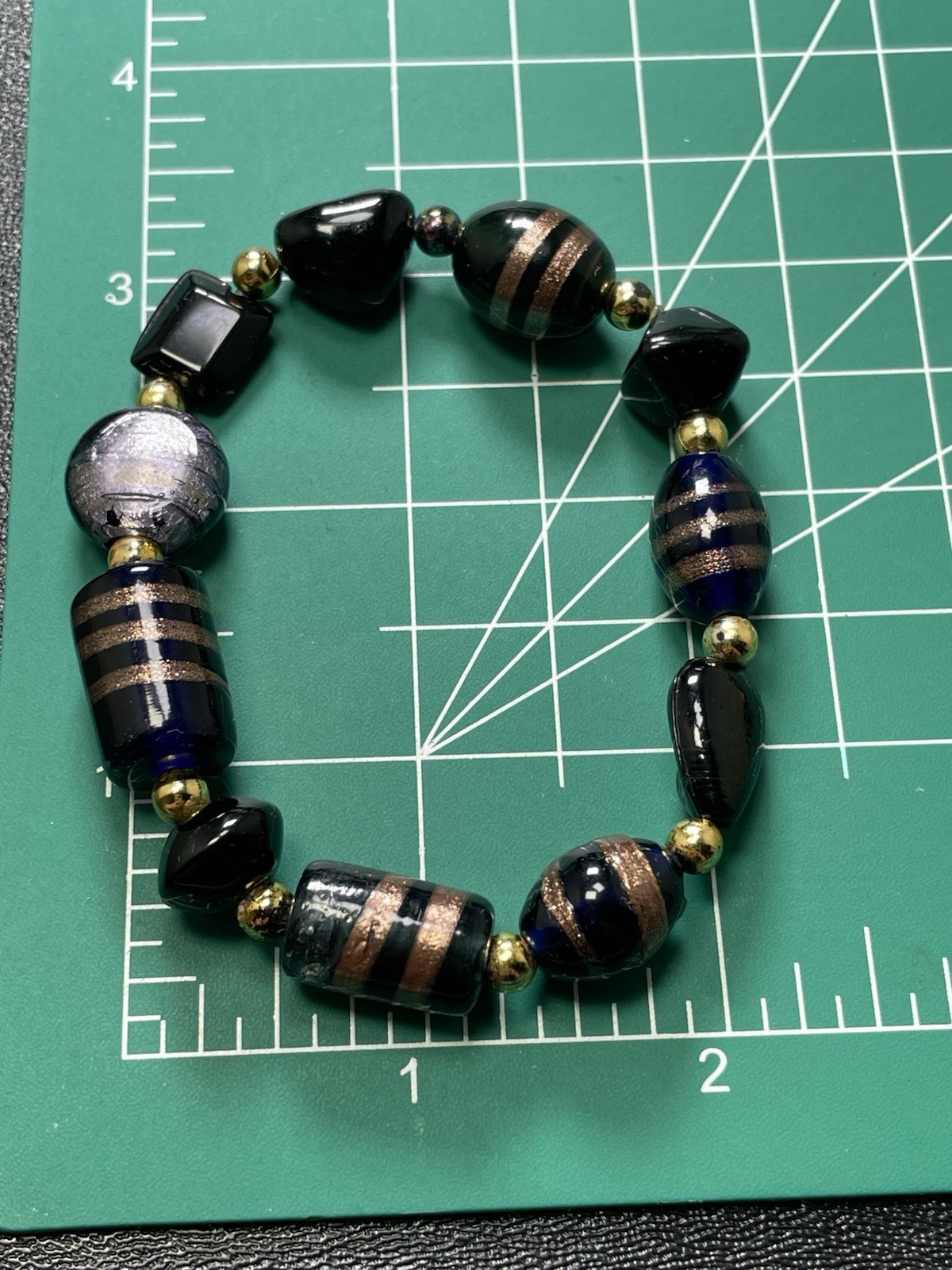 Vintage Blue & Green Murano Art Glass Beaded Stretch Bracelet