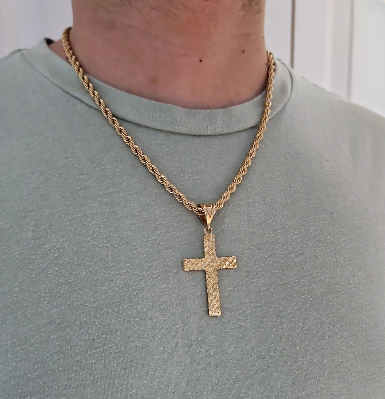 Large Gold Nugget Cross, 5mm French Rope Chain, 14k Heavy Plated