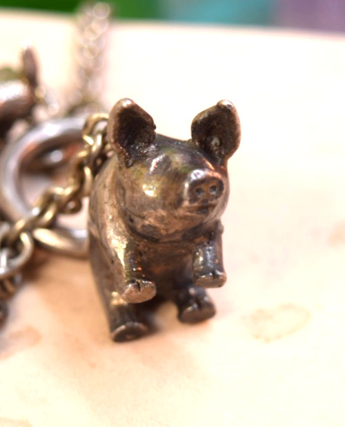 Susan Cummings Sterling Farm Animal Big Charm Pendant Necklace Cow Pig Goat 30″