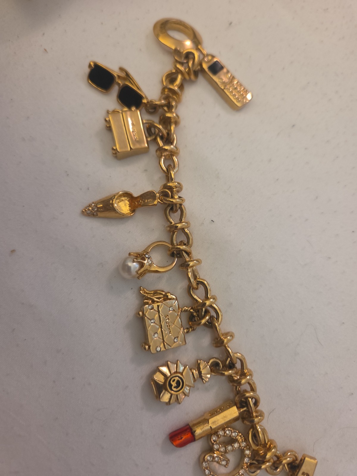 Vintage St John Charm Bracelet Crystal gold Logo Crystal Couture 9 Charm