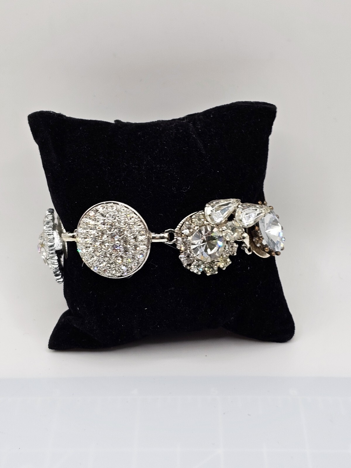 Handmade Mixed Media Rhinestone Bracelet Vtg Contemporary Jewelry OOAK 8″ Retro