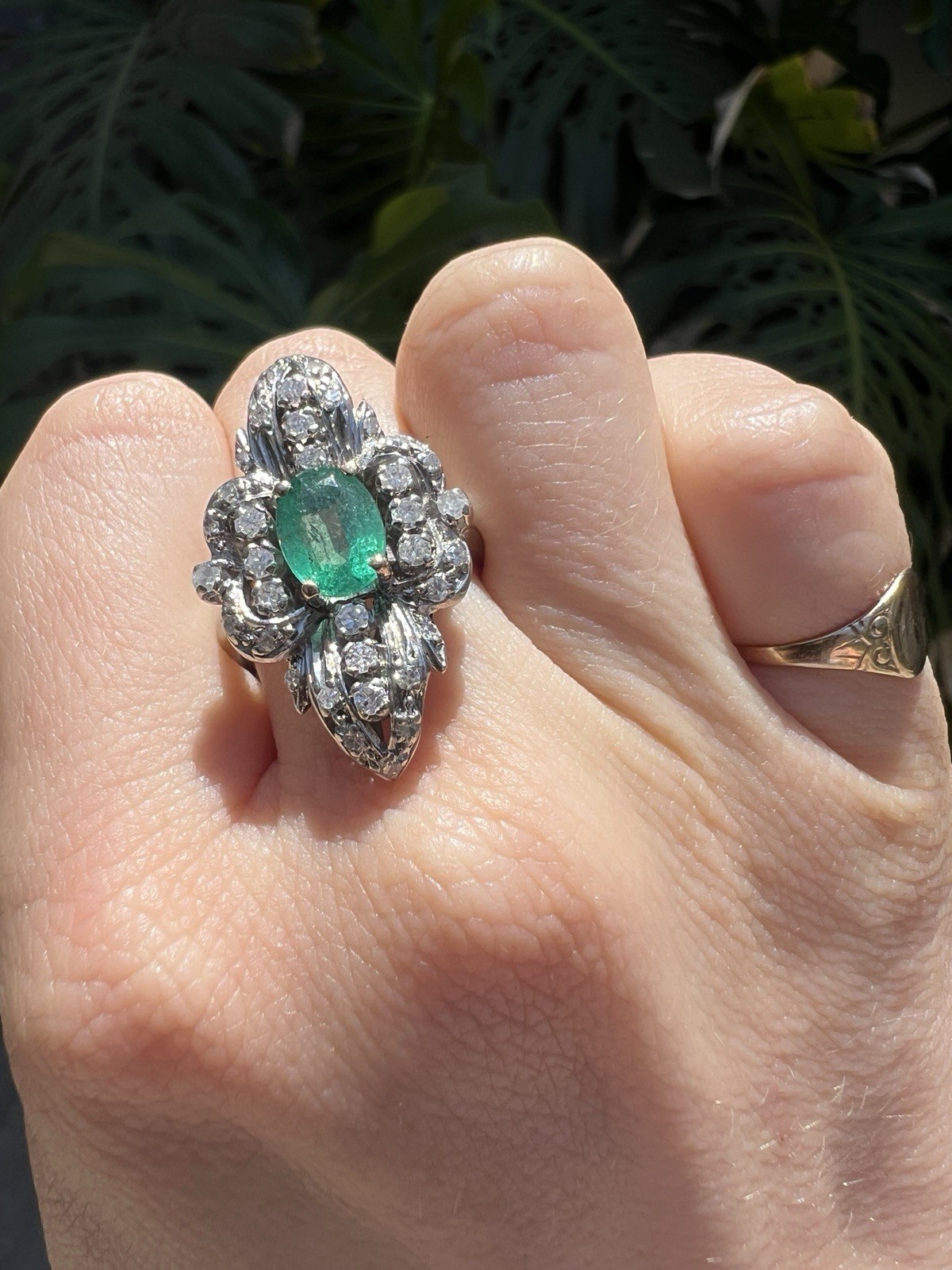 STUNNING 1ct EMERALD ring 14k white gold MANY diamonds MAY birthday ART DECO
