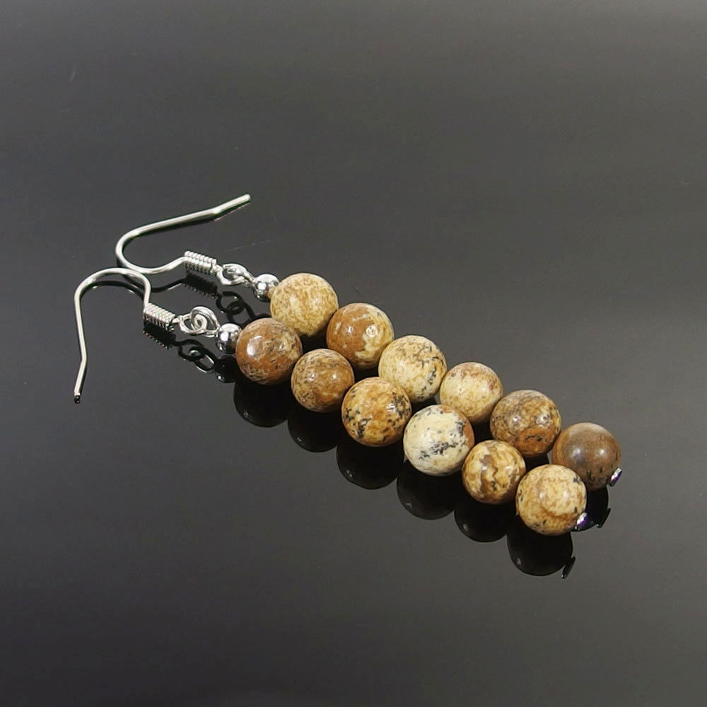 2Pairs 6/8mm Natural Gemstone Smooth Round Beads Silver Hook Dangle Earrings AAA