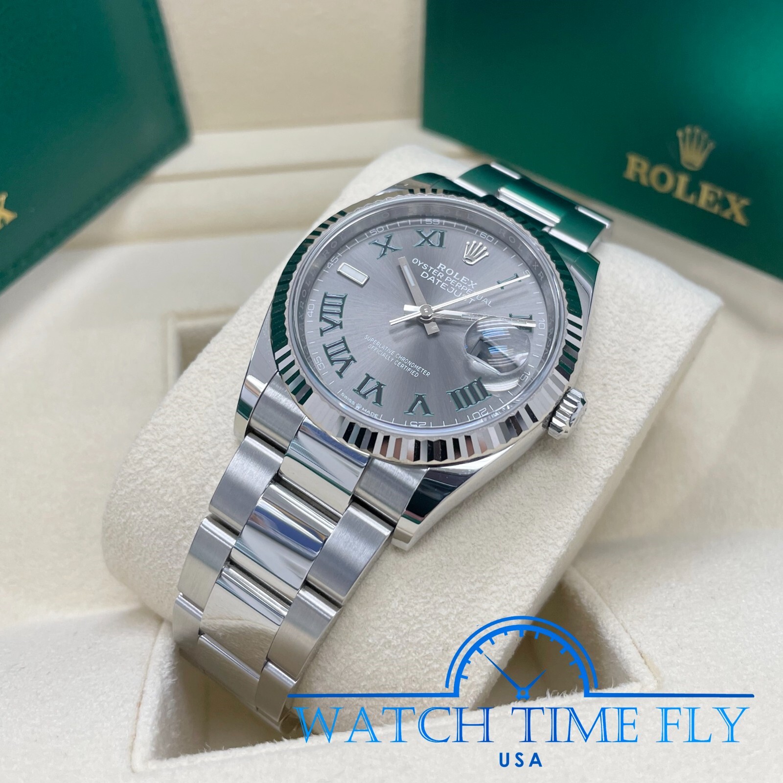 Rolex Datejust 36mm 126234 Fluted Bezel Wimbledon Rhodium Roman Dial Oyster Band