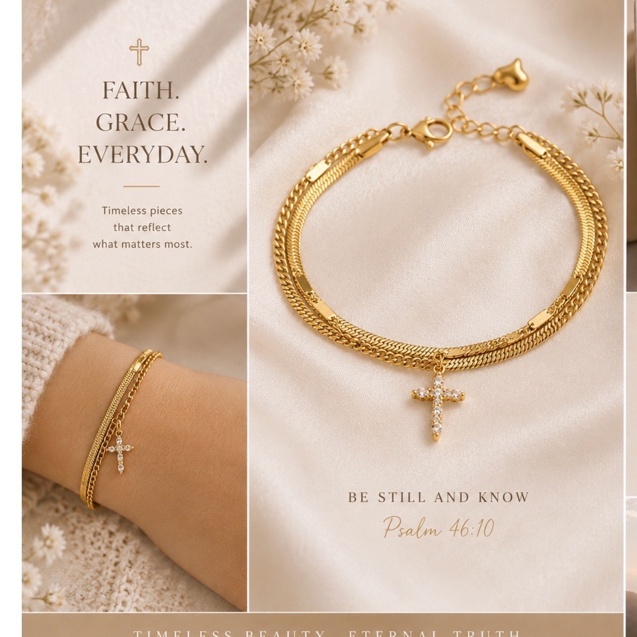 Faith Inspired Crosse Bracelet with Double Strand Sleek Herringbone Snake Chain