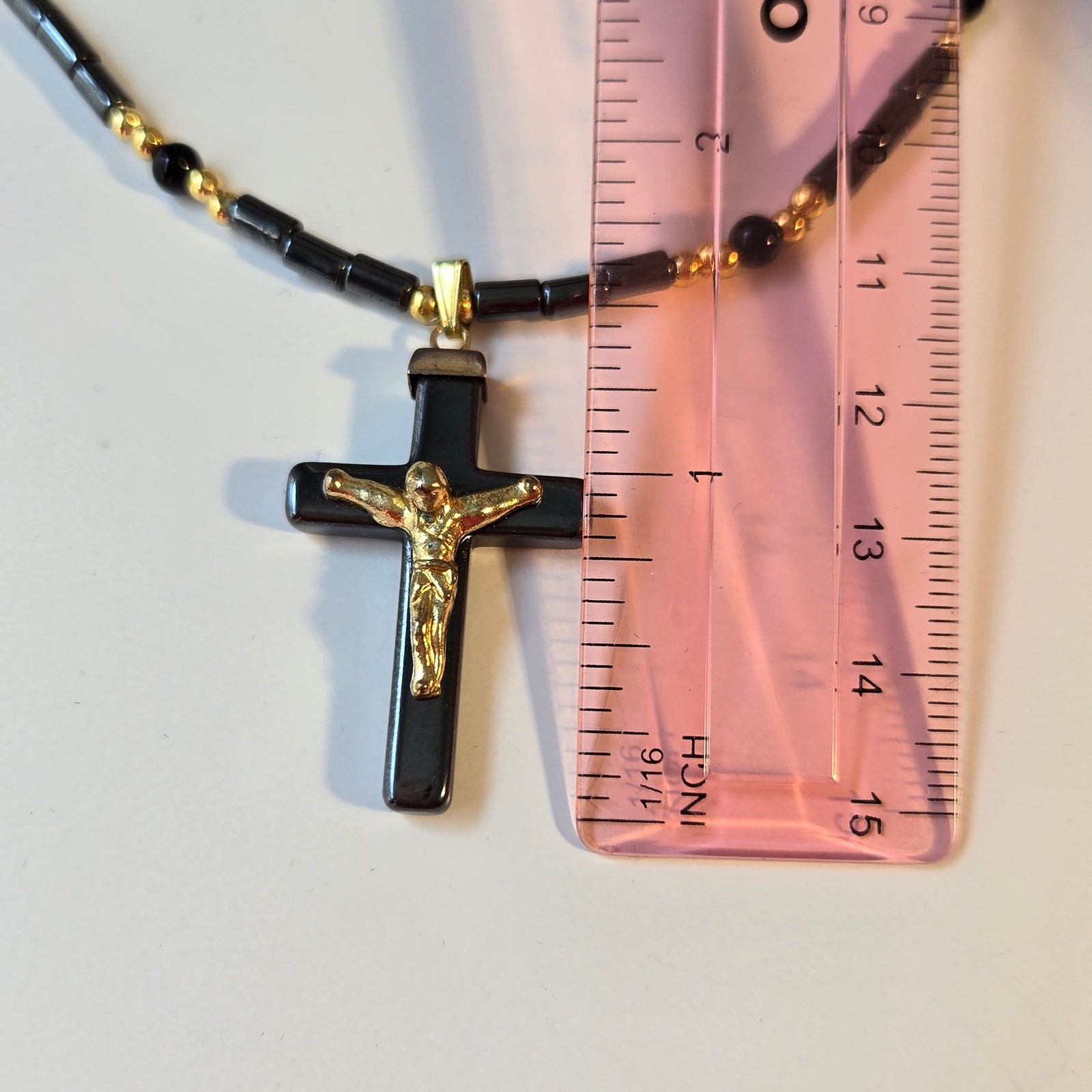 Vintage Cross Necklace Gray Black and Gold Beaded with Gold Jesus Pendant