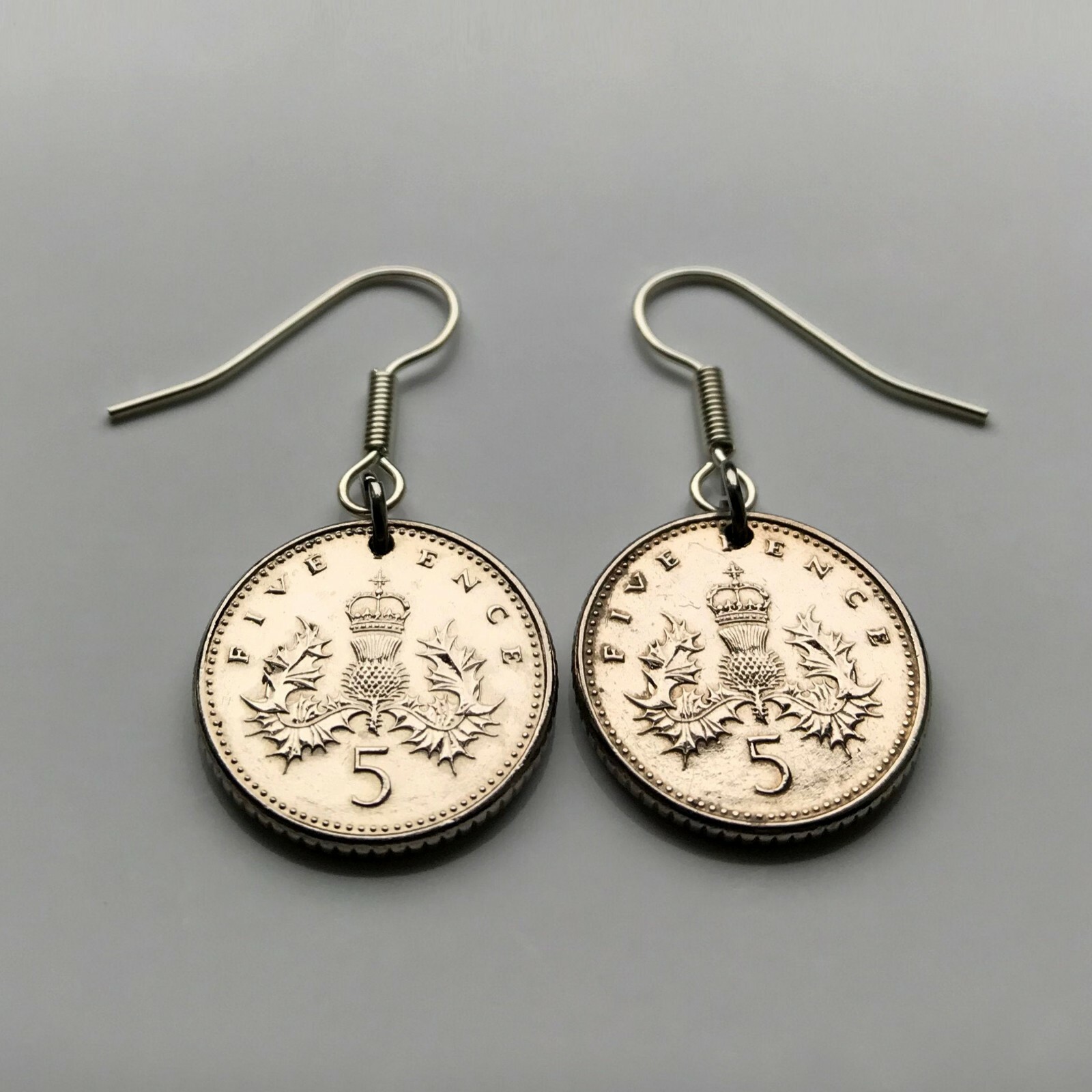 Scotland UK 5 Pence coin earrings Scottish thistle Edinburgh Glasgow Scot 000024