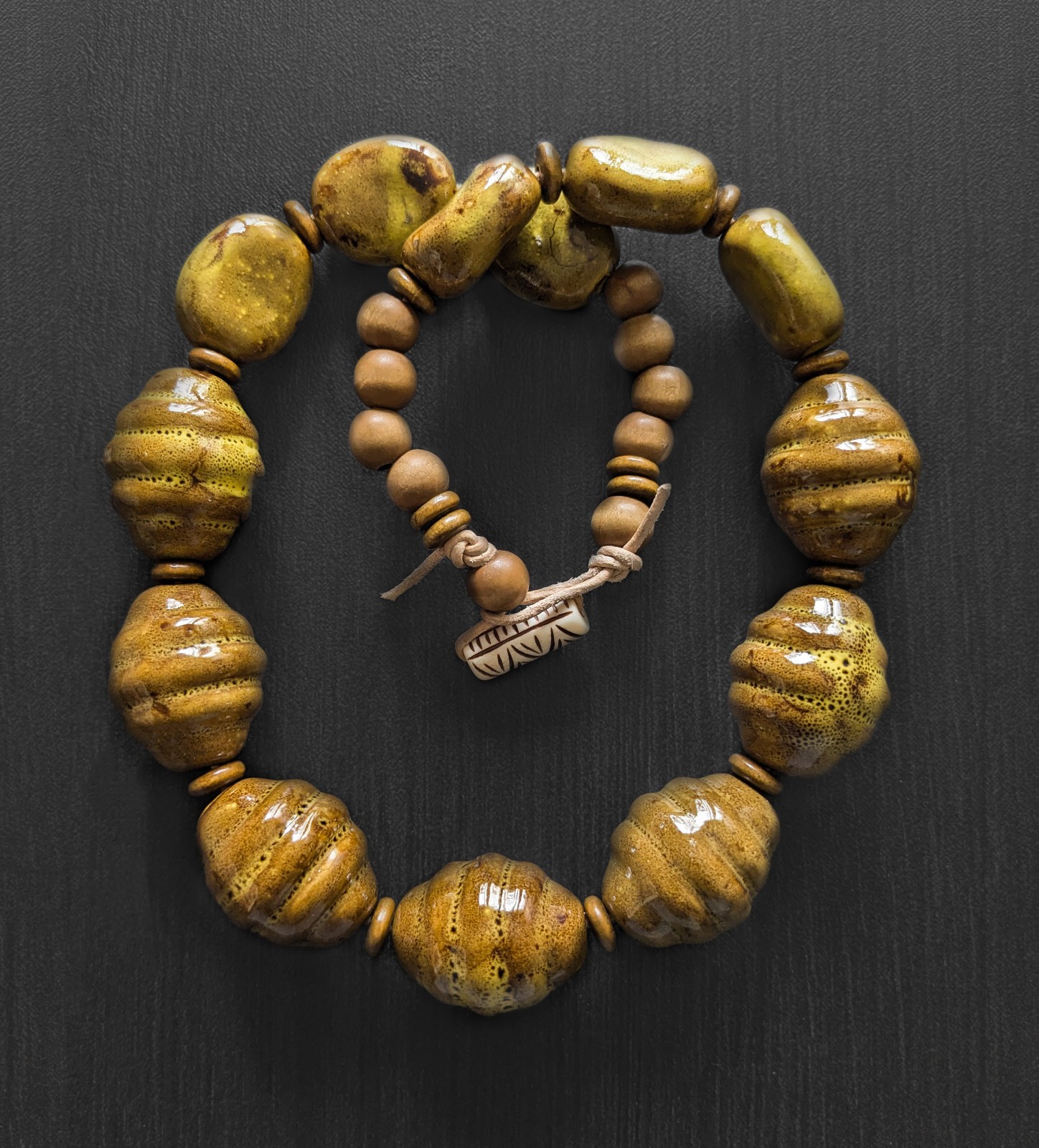 Handmade Mustard Yellow Chunky Ceramic Bead Necklace Gift Statement Jewelry