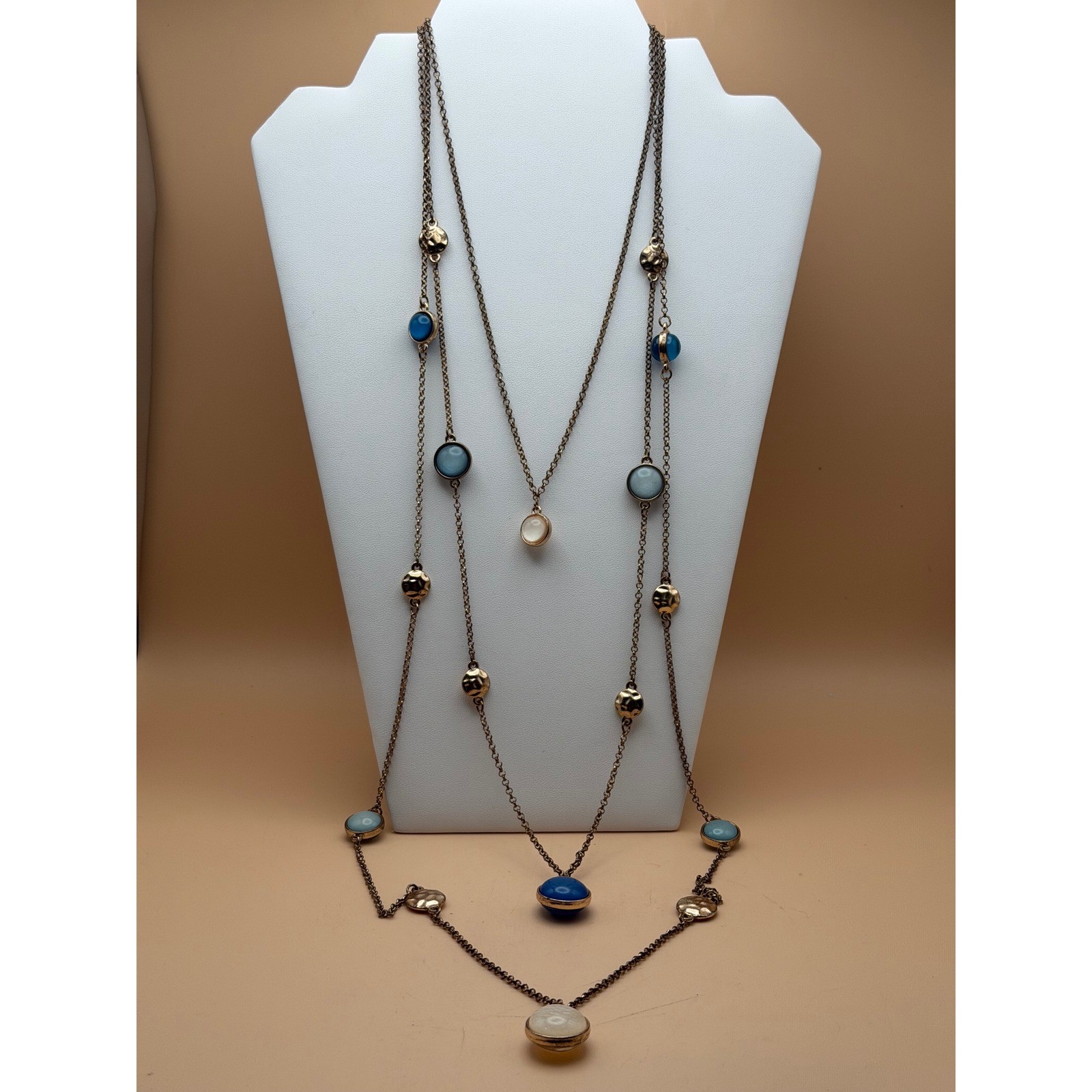 Multi Strand Layered Necklace Blue White Cabochon Gold Tone Crescent Moon Logo