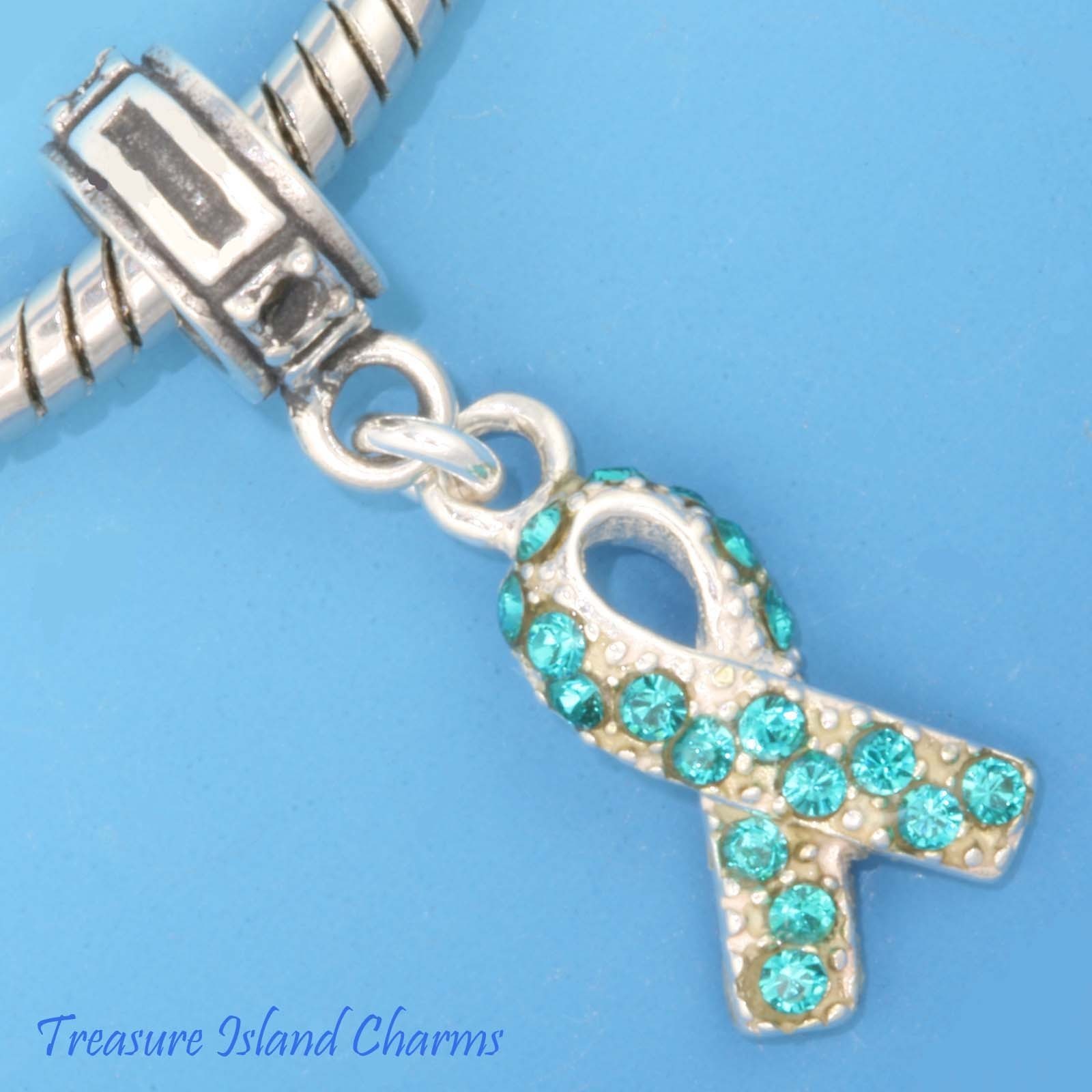 Ovarian Cancer Teal Crystal Ribbon 925 Solid Sterling Silver European Bead Charm