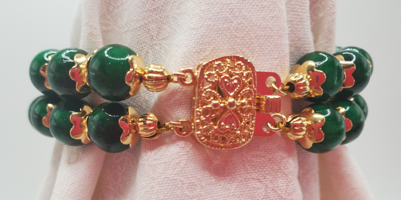 7″ Genuine Green Jade 2 Row Bracelet w/Gold-Plated Filigree Insert Clasp