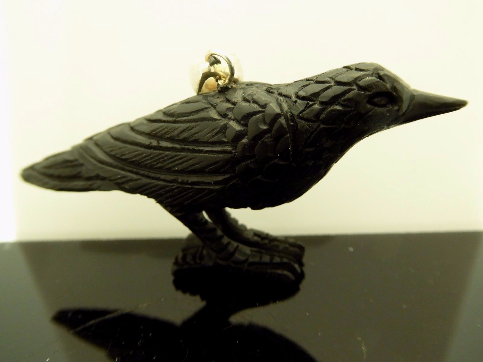Black Crow Water Buffalo Horn Sterling Silver 3D Bird Pendant Talisman Necklace