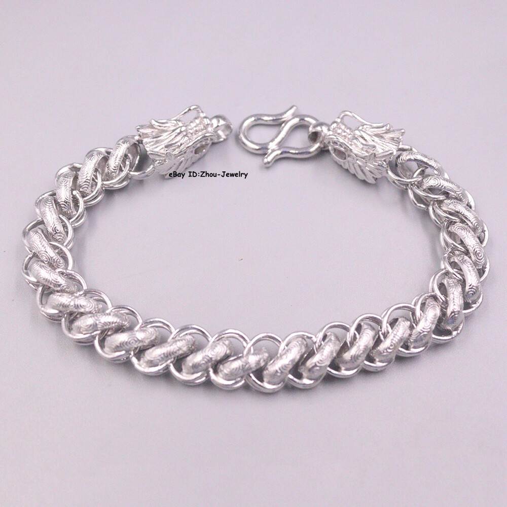 Pure S999 Fine Silver 999 Chain Curb Link Dragon Head Bracelet 34-35g 8.26inch