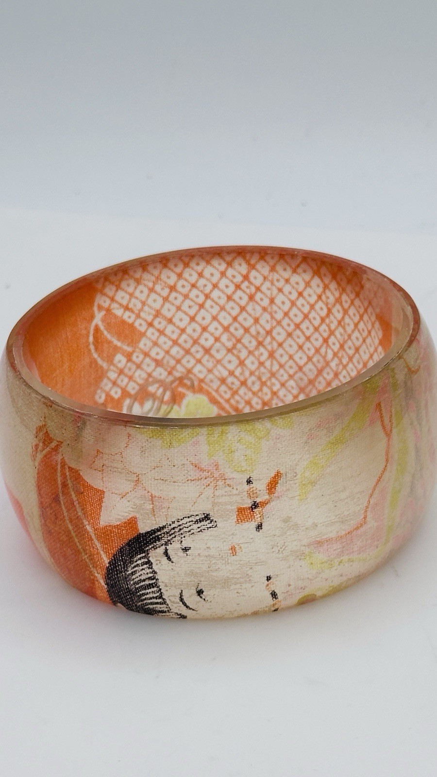 Vintage Signed Asian Geisha Decoupage Lucite Wide Bangle Bracelet Orange