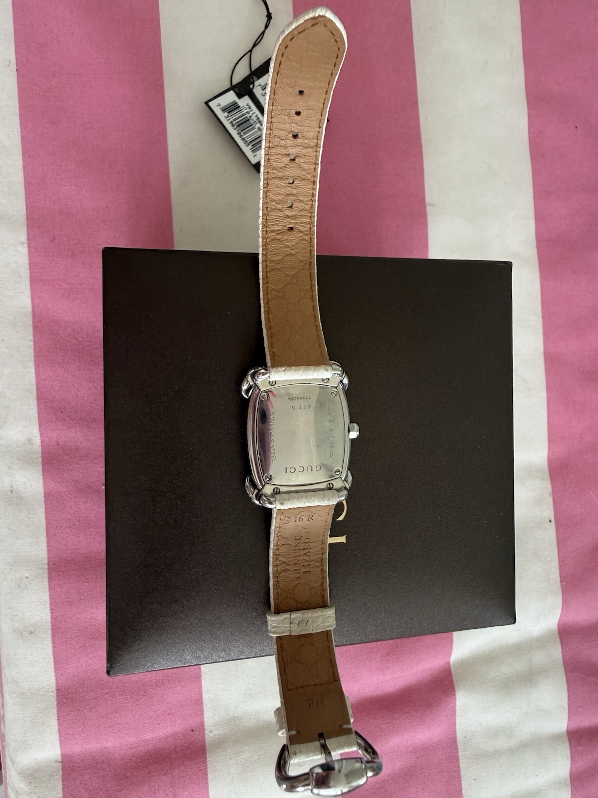 Gucci YA117506 Women’s Quartz Rectangular Silver Dial White Leather Strap Box