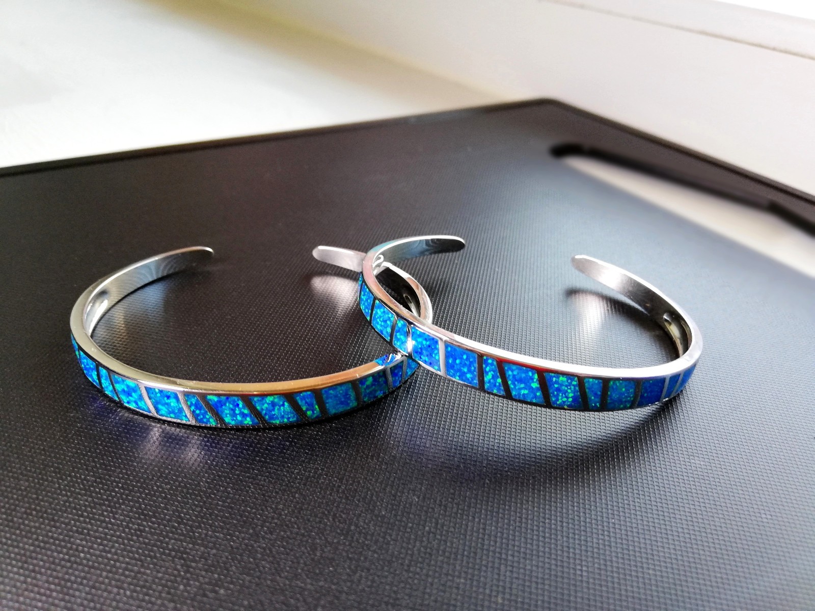 Blue Opal Bracelet Fire Opal Bangle Stainless Steel Silver Bigsam Opal Hoop