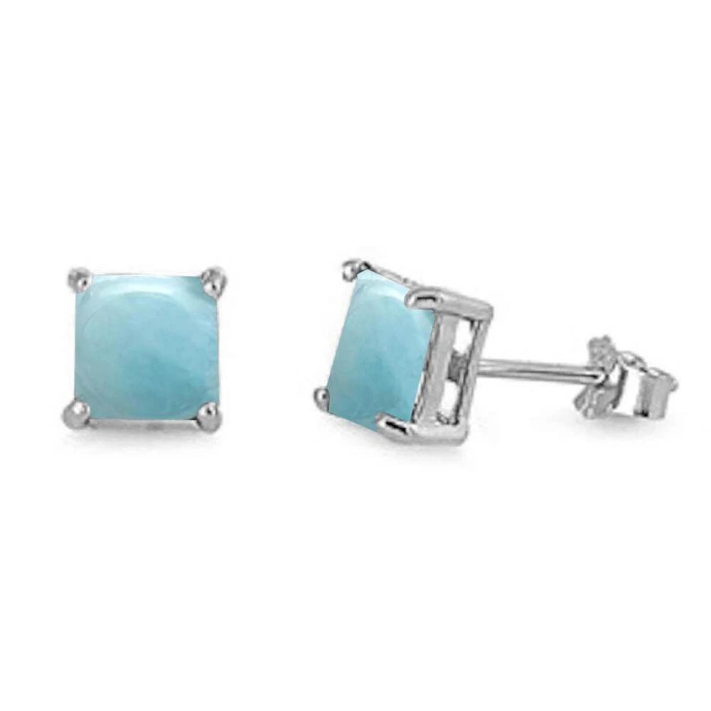 Princess Square Larimar Stud .925 Sterling Silver Earrings 2MM-8MM Available