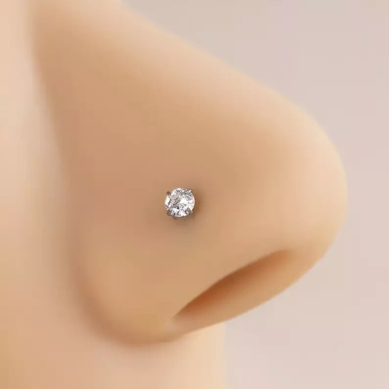 14Kt White Gold Real 0.04 Ct Diamond Nose Stud Screw Ring Piercing Pin 18 Gauge