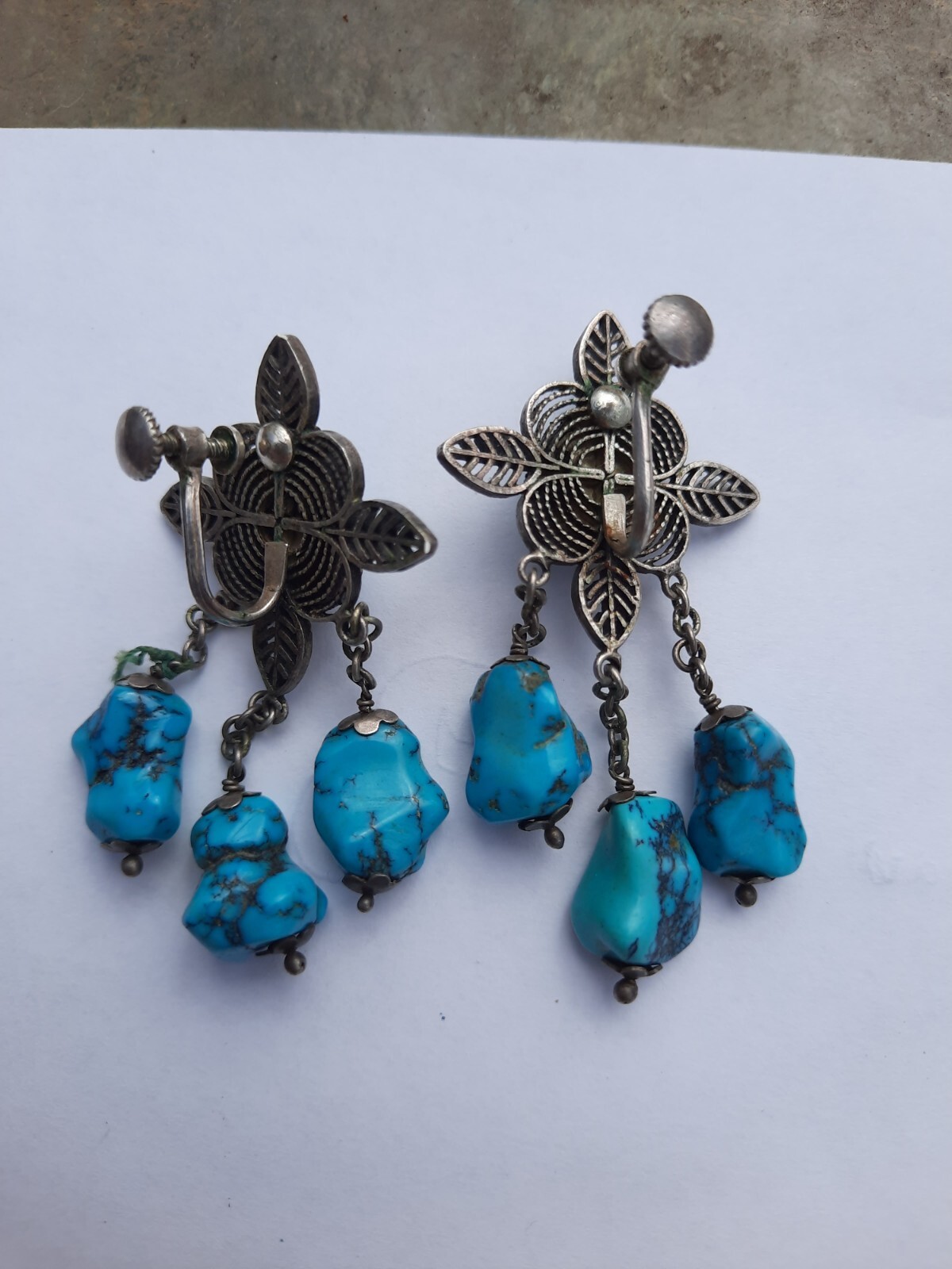 Antique Vintage Chinese Export Turquoise 800 Silver Filigree Earrings Chandelier