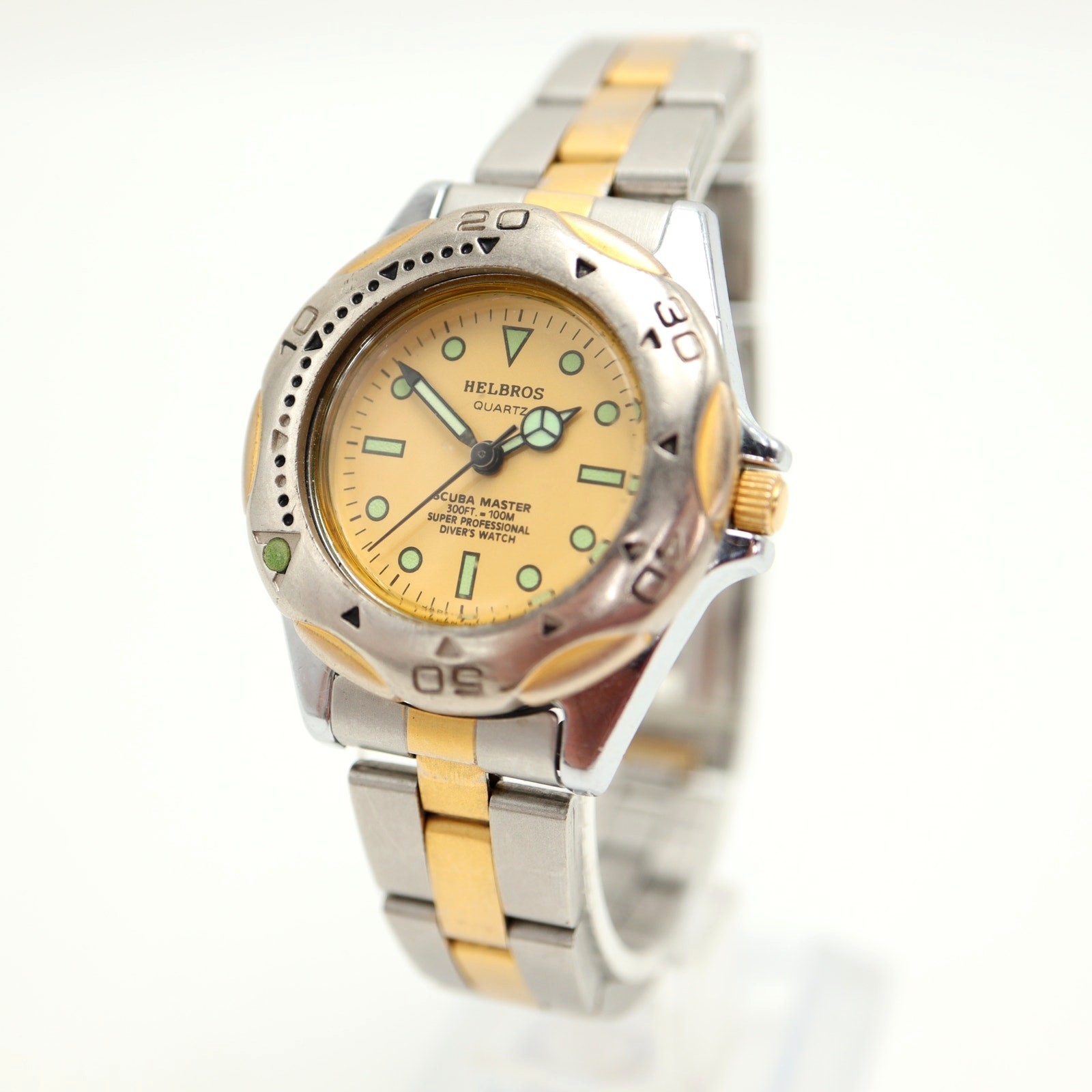 Vintage Helbros Scuba Master 30mm Diver Watch Two Tone 5.75″ Band w New Battery