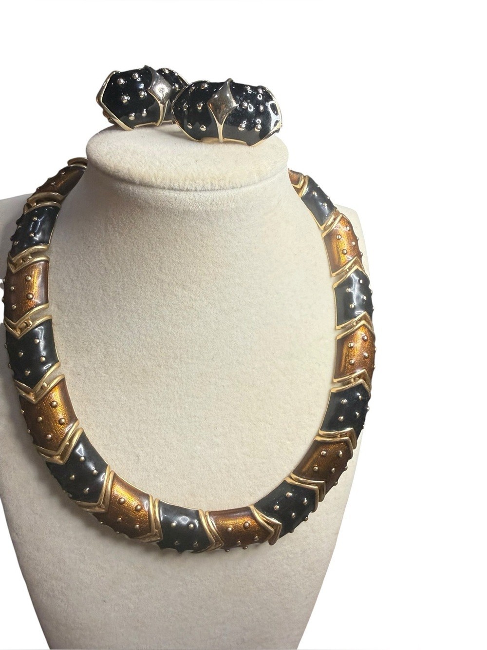 Vintage Erwin Pearl Black Bronze Enamel Necklace Clip Earrings Demi Parure Set